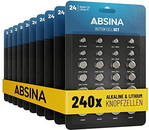 ABSINA Pack de 240 Pilas botón Alcalinas & Litio - 20x AG1 LR621, AG3 LR41, CR2016, CR2025 / 40x AG4 LR66, AG10 LR1130, AG13 LR44, CR2032 - Pila 1,5V & 3V - Baterías de botón