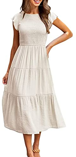 Yuson Girl Robe Longue Femme Ete Robe de Plage Boheme Casual Robe Maxi de Cocktail élégante Robe à Col Rond et à Manches Volantées élastique Taille Haute