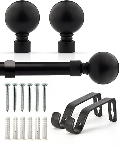 Emma Barclay Extendable Curtain Pole With Finials Brackets & Fittings Sets 16-19mm in Matt Black Metal Curtain Poles For Eyelet Curtains Rod - Ball Collection 1.2m - 2.1m Matt Black