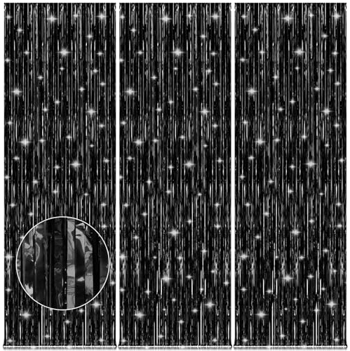Accevo 3 Pezzi Nero Tinsel Tenda del Partito Decorazioni 1x2.5M Serpenti Nero per Decorazione di Compleanno Tende di Sfondo Lucide, Tenda Glitter Nera Come Decorazione di Halloween Graduazione Decor.