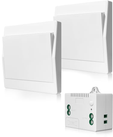 DoRight Interruttore Luce Senza Fili Bianco con 50M Ricevitore Set di Interruttore a Parete Wireless, IP44 Interruttore della Luce Autogenerante Wireless 10A Nessuna Batteria, Nessun Cablaggio