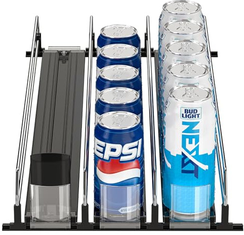 Mutool Fridge Drink Dispenser, Automatic Storage for 15 Standard Size Cans, Width Adjustable Self Pushing Holder, 3 Rows, Black - for Kitchen, Supermarkets, Cabinet