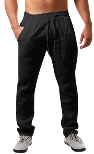 Runcati, Pantaloni da Uomo in Lino, in Tinta Unita, Leggeri, con Taglio Largo, Coulisse, per Vacanze, Spiaggia, Uso Quotidiano, Nero, M