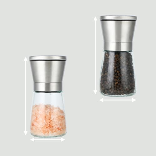 Wenrescry Set di 2 Macinapepe e Sale in Acciaio Inossidabile, con Macina in Ceramica Regolabile per Grana Fine o Grossolana, Vetro Trasparente, Ideale per Spezie, 180 ml