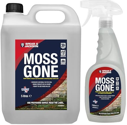 Spear & Jackson Moss Gone Moss Killer, 5 Litres and 750 ml, For Paths, Patios, Roofs, Walls, Tarmac, Gravel