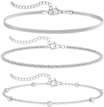 COYUN 3 Stück Silber Fußkettchen für Damen, Doppelte Fußkette für Frauen, Eleganter und Funkelnder Schmuck für den Knöchel, Fußketten für Frauen, Fußkettchen Wunderschöner, Fußschmuck in Silber