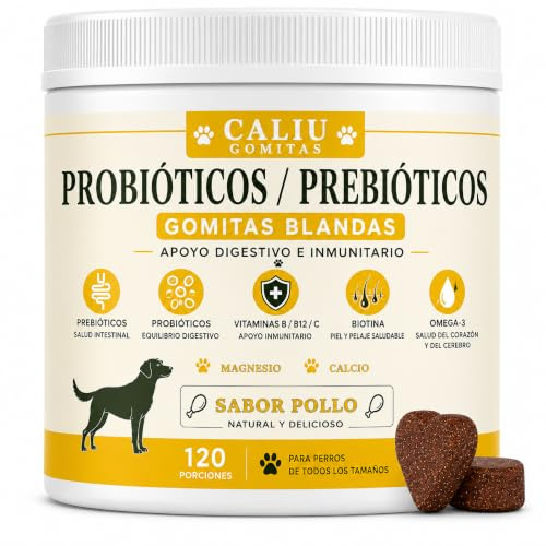 Probiotici per Cani e Gatti | 120 Snack Masticabili | 7 x 10⁹ UFC + Prebiotici FOS e Inulina + Omega 3 | Flora Intestinale, Digestione, Sistema Immunitario e Benessere Digestivo | Gusto Pollo