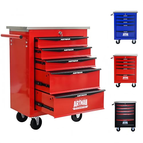ELIHGTBY Servante d'Atelier Vide à 5 Tiroirs, Chariot d'Outils Robuste sur roulettes - Établi Mobile avec Verrouillage Centralisé, Armoire de Rangement pour Garage, Servante Atelier Rouge & Noir