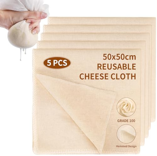 5 panni per formaggio per scolare, 50 x 50 cm, panni in mussola per cucinare, garza riutilizzabile e lavabile, panno per formaggio in cotone non sbiancato, per latte di noci, succhi, burro, cottura