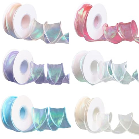 6 Rolls Iridescent Fishtail Chiffon Ribbon, 40mm Wide Wave Sash for Gift Wrapping, Wedding Bouquet, Cake Decorating, Hair Bows & Craft Trims