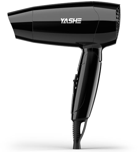 YASHE Mini Folding Hair Dryer, Lightweight Travel Blow Dryer with Dual Heat & Airflow Modes, Concentrator Nozzle, 1.8m Power Cord & Hanging Loop for Home, Travel, Dorm, 1200W