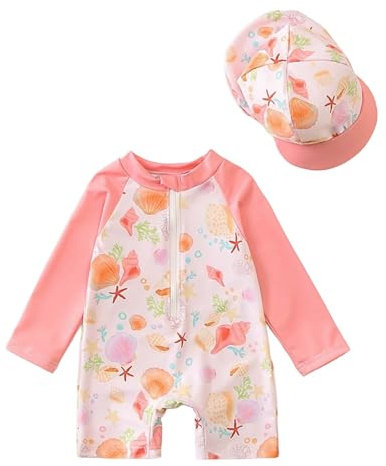 Generisch Costume da bagno per bambini con stampa continua e chiusura lampo, costume da bagno intero con protezione solare, taglie da 6 mesi a 4 anni, con cappello abbinato, elegante, A3-rosa., 80