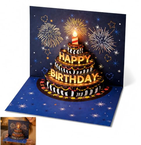Carte anniversaire 3D pop up musicale et lumineuse, carte de vœux avec gâteau, lumière et chanson d’anniversaire, grande carte cadeau avec enveloppe pour femme, homme, fille, ami, collègues