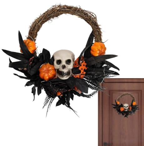 Dödskallekransar för ytterdörren LED- konstgjord benkrans | Halloween blomma skelett krans för spisel öppen spis hem grind däck fotorekvisita väggtrappa