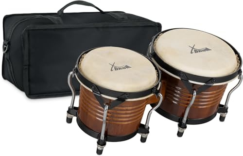 XDrum Bongos Pro Tobacco - 2 tambours de 6,5 (17 cm) et 7,5 (20 cm) de diamètre - Bongos avec peaux naturelles accordables, clé d’accordage et housse - Tambours en bois marron
