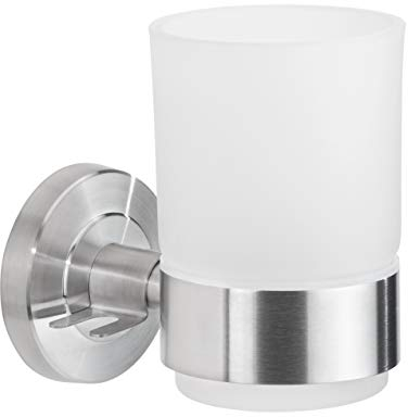 AMARE Zahnputzbecher mit Wandhalterung | silber | Halter Kleben oder Bohren | Glas und Edelstahl | Becher spülmaschinegeeignet | 11 x 9 x 6 cm | Mundspülbecher für bis zu 4 Zahnbürsten