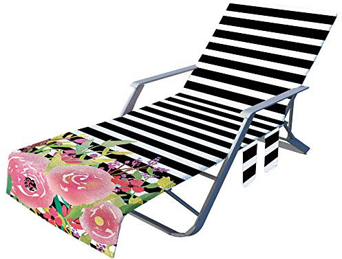 FANSU Schonbezug für Gartenliege Frottee Liegenauflage Garten Sonnenliege Handtuch mit 2 Taschen Stuhl Strandtuch für Schwimmbäder, Strände, Gartenhotels (75x210cm,Schwarz gestreift)