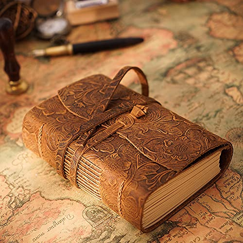 Aceshop Journal vintage en cuir antique fait à la main - Journal relié en cuir - 400 pages - Carnet de voyage avec papier vierge non ligné, fermeture à sangle en cuir et design classique en relief