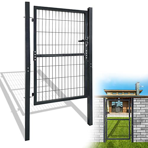 YRHome Portillon de Jardin Grillagé en Acier Anthracite, Porte de Clôture Extérieur pour Cour, Treillis Métallique avec Poignée de Serrure et Clés - 150 x 100 cm