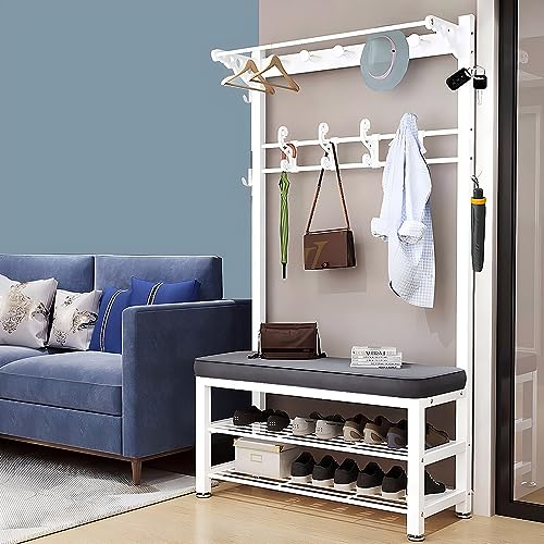 WPPTNSFY Multifunktions Großer Garderobenständer mit Sitzbank, 4 in 1 Kleiderständer mit Kleiderhaken und Schuhregal, Verstärkung mit Vier Querstäben, für Schlafzimmer, Wohnzimmer