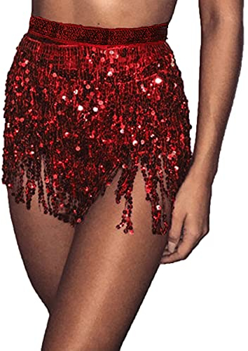 Bufenia Damen Bauchtanz Hüftrock Quaste Pailletten Hüftschal Riemchen Wrap Rave Röcke Halloween Kostüm Club Festival (Rot)
