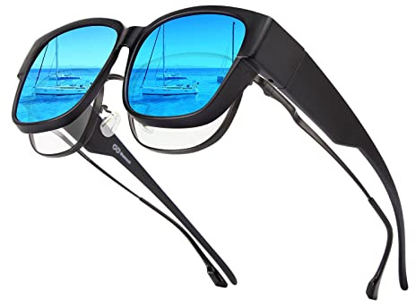 Bloomoak Polarisierte Überbrille, blendfrei, UV-400-Schutz, für Herren und Damen, zum Umwickeln, Sonnenbrille, Überziehhilfe, geeignet zum Autofahren, Angeln, Golf,Schwarzer Rahmen/Eisblaue Gläser
