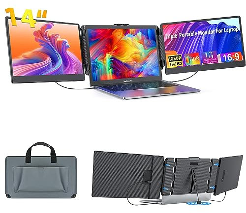 Kwumsy Laptop Screen Extender Monitor, 14'' Triple Portable Monitor Laptop Monitor Extender Dual Screen, Portable Monitor Compatible With Windows/Mac/Chrome, For 13'' -17.3'' Max Width 405mm Laptops.