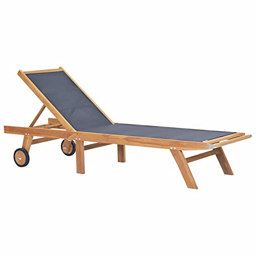 Camerina Folding Sun Lounger with Wheels Solid Teak and Textilene,Sunloungers,Folding Sun Lounger,Reclining Chair,Beach,Garden,Outdoor
