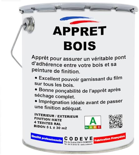 Appret Bois - Codeve Bois/Ral 9010 - Blanc Pur - 5 L - Intérieur/extérieur - Pour Bloquer La Porosité D'un Fond En Bois Pour Une Belle Finition.