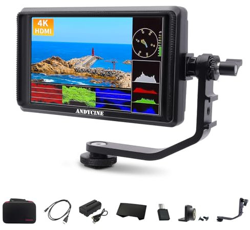 ANDYCINE Monitor de campo HDMI A6 V2 de 6 pulgadas 1920 x 1080 con brazo de inclinación HDMI 4K de entrada/salida, salida de alimentación, batería y funda de transporte incluida