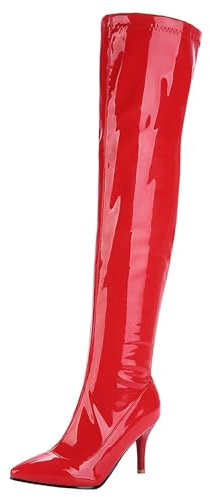 HSyc JRX Damen Lack Overknee Stiefel mit Stiletto Absatz und Reißverschluss High Heels Lang Stiefel 41