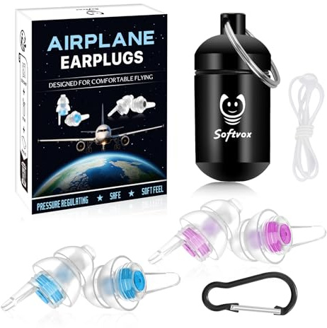 Softvox Airplane Ear Plugs Pressure Relief Earplugs 2 Pairs, Prevent Ear-Pain & Reduce Noise 25dB - Flight Essentials, Reusable Soft Plane Earbuds for Adult/Kids 12+, Travel Ear Protection Air Plugs