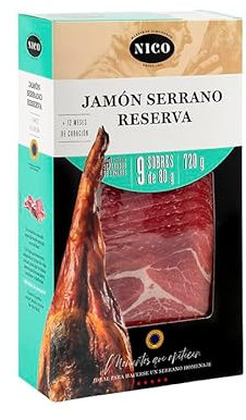 NICO JAMONES - Jamón Serrano Reserva – 9 sobres de 80 g en formato tapas