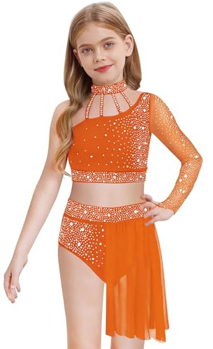 Linjinx Enfant Fille Justaucorps de Gymnastique Robe Danse Classique Lyrique Asymétrique Robe de Patinage Artistique Paillette et Jupe Tutu Costume Performance 5-16 Ans Orange 13-14 Ans