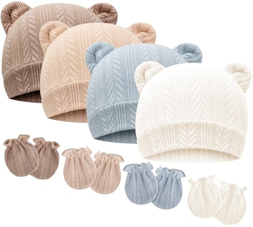 DRESHOW Gorro y Guantes para Bebé Recién Nacido, Gorro de Bebé con Orejas de Oso, Gorro de Algodón para Bebés Niños, Gorros para Niños de 0 a 6 Meses, 4 Sets