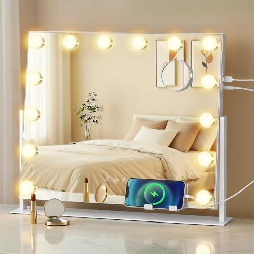 SONGMICS Specchio da Trucco con Luci, Controllo Touch, 14 LED Dimmerabili, Porte di Ricarica, 3 Temperature Colore, Supporto Telefono, 50 x 42 cm, Bianco Opaco LWM007WC02