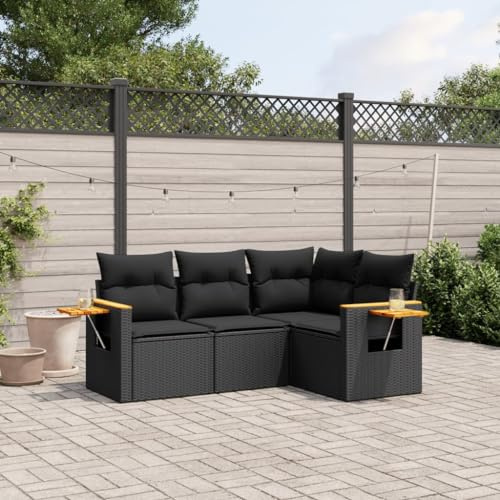 JHQHSM Set di 4 divani da giardino con cuscino, colore nero, in polyrattan, design modulare con rivestimenti rimovibili e pratici tavoli pieghevoli, resistente alle intemperie e in rattan sintetico