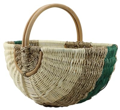 Gran Cesta de Compra de Ratán y Algas Marinas, 48x33x24 cm, Verde | Cesta de Picnic Trenzada a Mano con Asa, Cesta de Mercado Robusta y Estable, Diseño Vintage