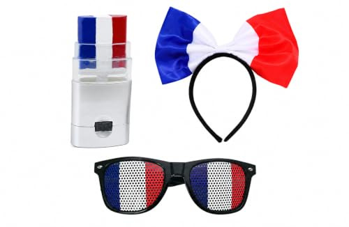Kit Supporter France Femme 4 Pièces Accessoires Bleu Blanc Rouge Bandeau Noeud Lunettes Drapeau Set Fan Football Coupe Match Fête Nationale Carnaval