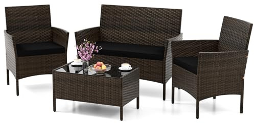 SOARS Juego de salón de jardín de 4 piezas, muebles de jardín con cojines, sofá de 2 plazas, 2 sillones de ratán PE, mesa baja de cristal, muebles de exterior para terraza, balcón (marrón+negro)
