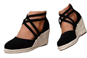 Espadrillas da donna a punta chiusa con zeppa e plateau, con cinturino incrociato, con cerniera posteriore, leggere, comode, estive, per spiaggia, vacanze, matrimoni, feste, Nero , 38.5 EU