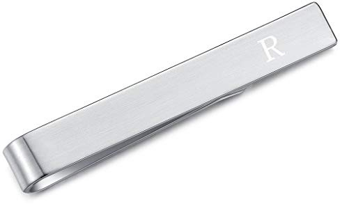 Honey Bear Skinny Clip Pasador de Corbata -Carta Inicial Alfabeto para Hombre/Chicos Necktie, Acero Inoxidable,Boda Negocio Regalo,4cm,Cepillado Plata (R)
