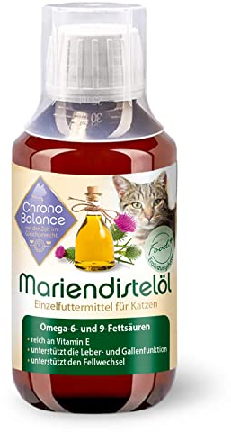 ChronoBalance 100ml Mariendistelöl für Katzen, Nahrungsergänzungsmittel, reich an Vitamin E, Omega-6 und Omega-9, Unterstützung für Gewebe und Fell, inkl. Messbecher