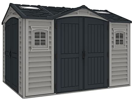 Duramax Apex Pro Plus Gartenhaus aus Kunststoff, 26,7 x 20,3 cm, mit Doppeltüren auf 2 Seiten, Metall-Fundament-Set, 2 Feste Fenster und 2 Dachfenster-Sets, Adobe/Dunkelgrau