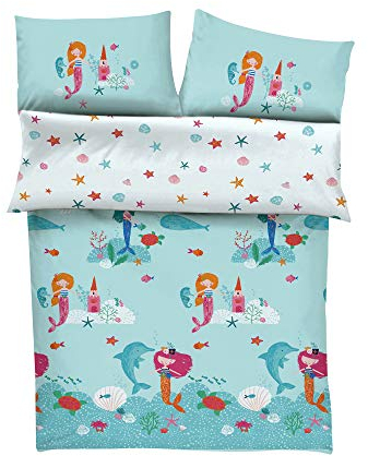 s.Oliver Kinderbettwäsche Meerjungfrau 135x200 cm - 100% Baumwolle, praktischer Reißverschluss & maschinenwaschbar, Bettwäsche für Kinder Meerjungfrauen 2tlg. bunt