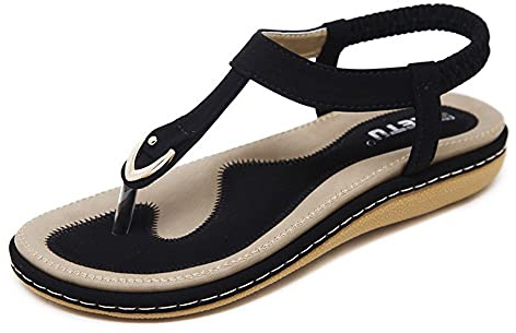 Onsoyours Sandales Femmes T-Strap Boucle Bohême Plates Été Voyage Plage Chaussures Strass Bout Ouvert Sandales avec Sangle de Cheville A Noir 36 EU