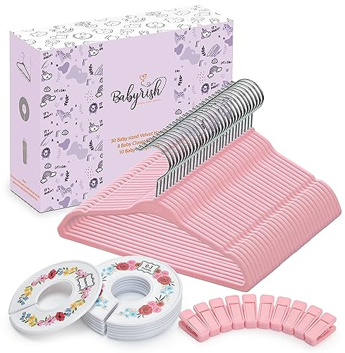Babyrish Samt-Baby-Kleiderbügel, ultradünn, rutschfest, mit 8 niedlichen Trennwänden und 10 Kleiderbügel-Clips für Babys, Jungen und Mädchen, Schrank-Organizer, rosa Kinder-Kleiderbügel, 30 Stück