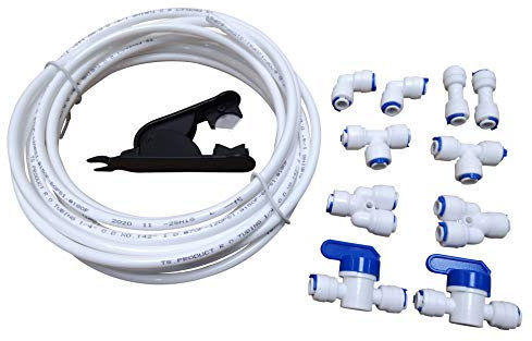 GREDIA Raccords de tube de purificateur d'eau à connexion rapide de 6,35 mm pour système d'osmose inverse d'eau RO (vanne à bille + type L + Y + I + T) + coupe-tuyau en PVC + tuyau de 15 mètres