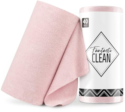 Fantasticlean Microfiber Cleaning Cloth Roll -40 Pack, Tear Away Microfiber Towels, 12 x 12, Reusable, Washable, Lint Free, Ultra Absorbent Dishcloth for Car, Pet, Kitchen Cleaning Supplies (Pink)
