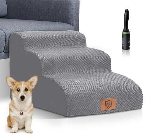 Hundetreppe für Kleine Hunde, HEVOL Hundetreppe, 3 Stufen Haustiertreppe, rutschfest Hunderampe mit Waschbar Bezug, Tragbar Katzenleiter Haustierrampe für Sofa Bett